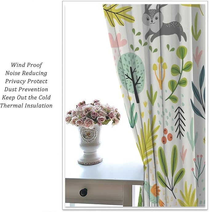 Kid Forest Animal Curtains,Woodland Animal Cartoon Watercolor Forest Hedgehog Fox Toddler Boys Girls Bedroom Living Room Window Drapes 63x72in