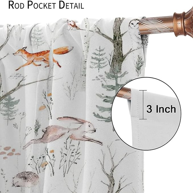 Rustic Forest Window Curtains, Watercolor Woodland Animals Owl Hedgehog Fox Butterfly Forest Squirrel and Bear Blackout Windows Door Curtain for Bedroom Living Room Home Decor 63x63in