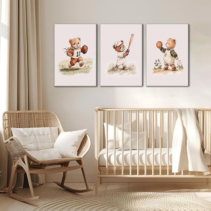 3Pcs Nursery Bear Canvas Wall Art Nursery Animal Poster Prints Teddy Bear Painting Boy Sports Picture Football Basketball Kids Room Artwork Wall Decor for Children Bedroom Playroom 12x16in Framed