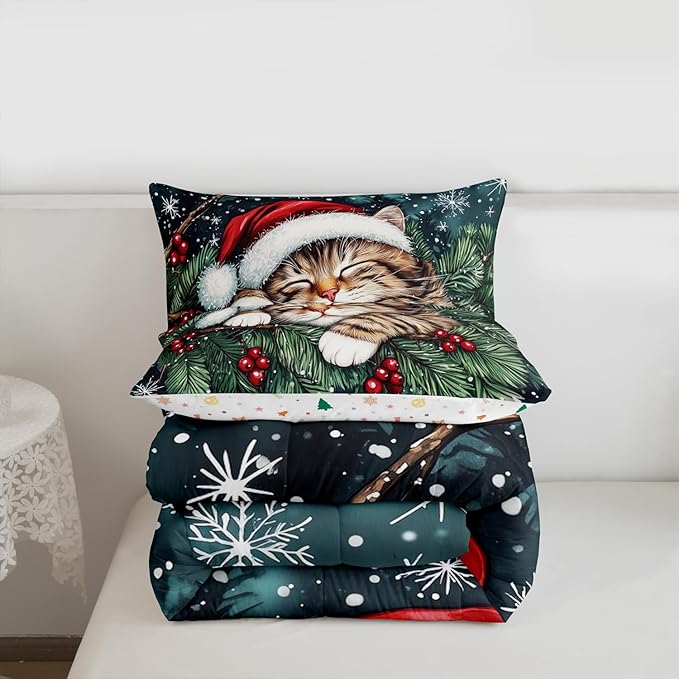 Cute Cat Kids Comforter Set Twin Size,Winter Holly Berry Snowflake Bedding Set Boy Girl Room Decor,Animal Merry Christmas Poinsettia Quilt Comforter,Dark Green Duvet Set Bedroom Quilt Set,1 Pillowcase