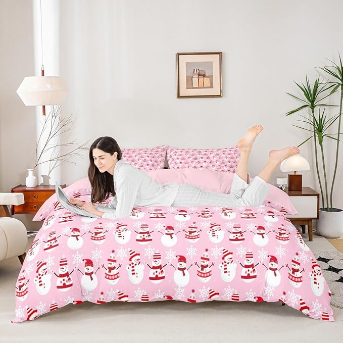 Christmas Bedding Duvet Cover Set Kids Cartoon Christmas Snowman Bedding Set Boys Girls Decor Snowflake Comforter Cover Set Microfiber Pink Xmas Theme Bedspread Cover Bedroom Bedclothes Full Size