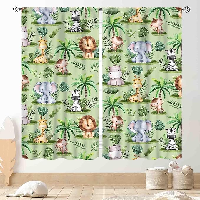 Jungle Safari Animals Curtains, Cartoon Animals Lion Giraffe Elephant Woodland Tropical Leaf Green Window Drapery for Kids Boys Girls Baby Living Room Bedroom Nursery 2 Panels, 63"x63" Inch