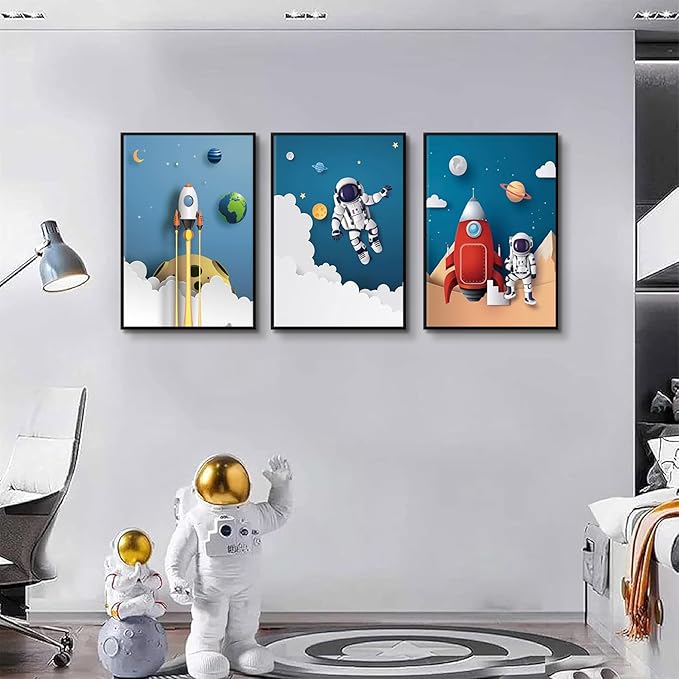 3Pcs Astronaut Canvas Wall Art Nursery Space Adventure Wall Decor Whimsical Space Themed Posters Artwork Rocket Spaceship Prints Pictures for Kids Room Boys and Girls Bedroom (16x24in Poster)