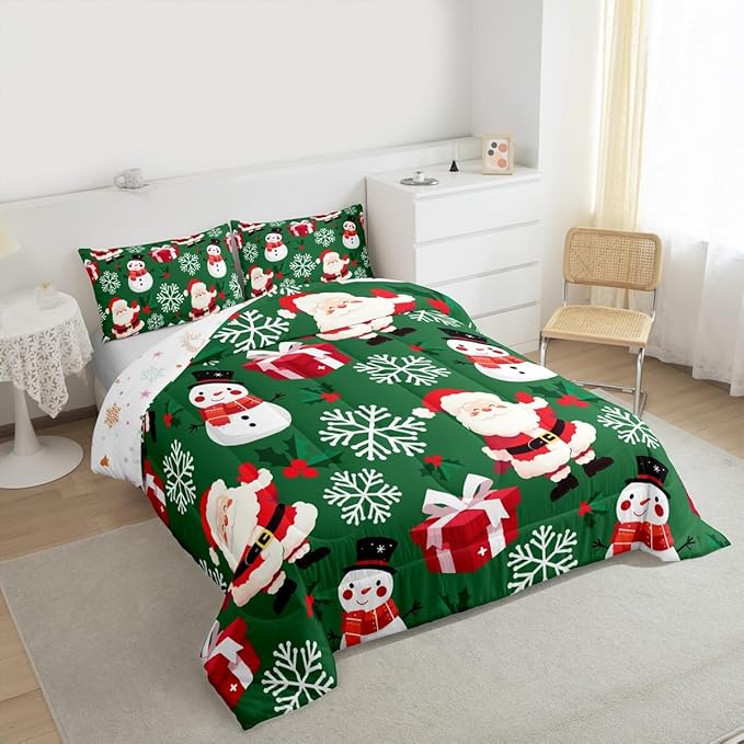 jejeloiu Merry Christmas Comforter Set King Size Xmas Santa Claus Bedding Set for Kids Boys Girls Cute Snowman Duvet Quilt Green Bedroom Decor