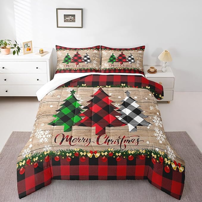 Manfei Plaid Tree Comforter Set Queen Size, Wooden Stripe Print Bedding Set 3pcs for Kids Boys Girls Bedroom Decor, Christmas Theme New Year Quilt Set with 2 Pillowcases