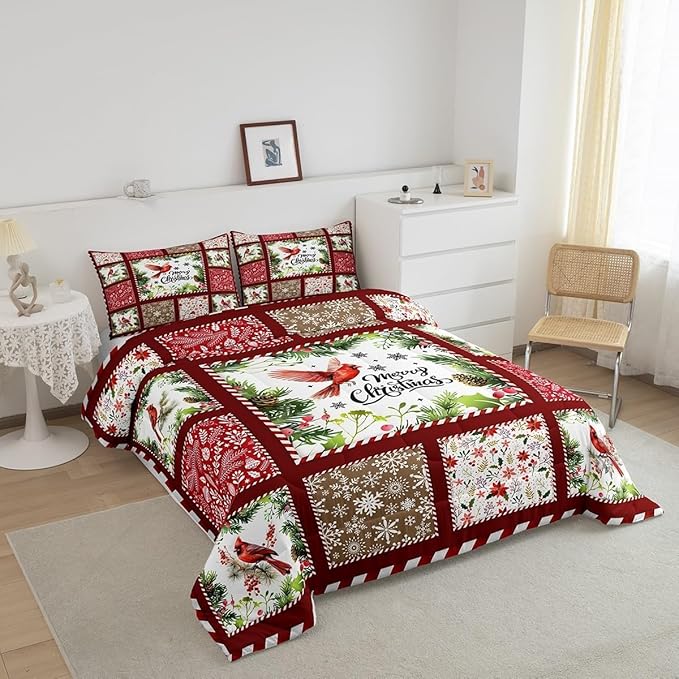 Castle Fairy Merry Christmas Comforter Set Toddler Size,Xmas Rustic Patchwork Watercolor Cardinal Bird Bedding Set for Kids Boys Men,Red Floral Leaves Snowflakes Plaid Quilt Set with 1 Pillowcase