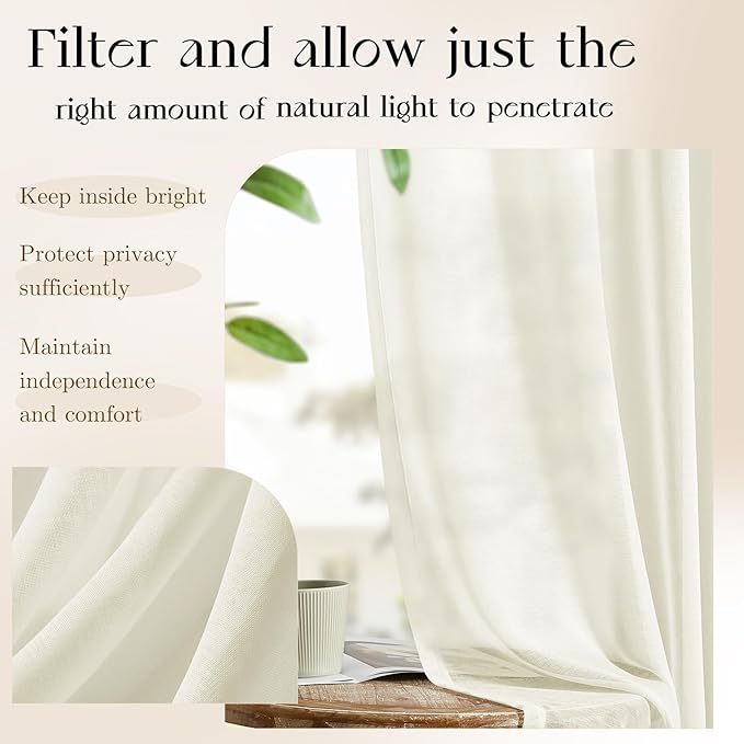 Dreaming Casa Ivory Sheer Curtains 84 Inches Long, Rod Pocket & Back Tab Light Filtering Textured Sheers for Living Room Bedroom, 2 Panels, Each 52" W x 84" L