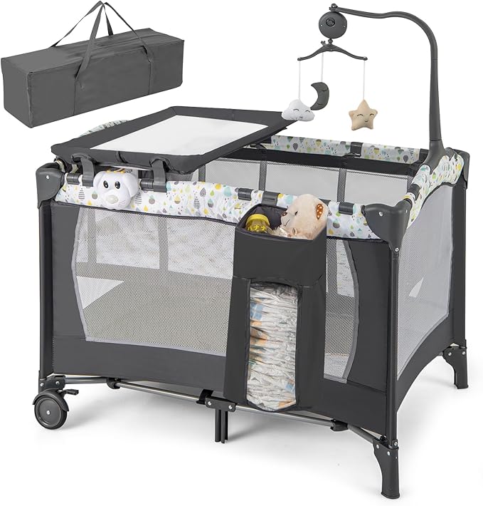 HONEY JOY Pack and Play, 4 in 1 Portable Baby Playard with Bassinet, Changing Table, Lockable Wheels, Music Box, Foldable Travel Baby Crib Nursery Center from Newborn to Toddler (Gray)