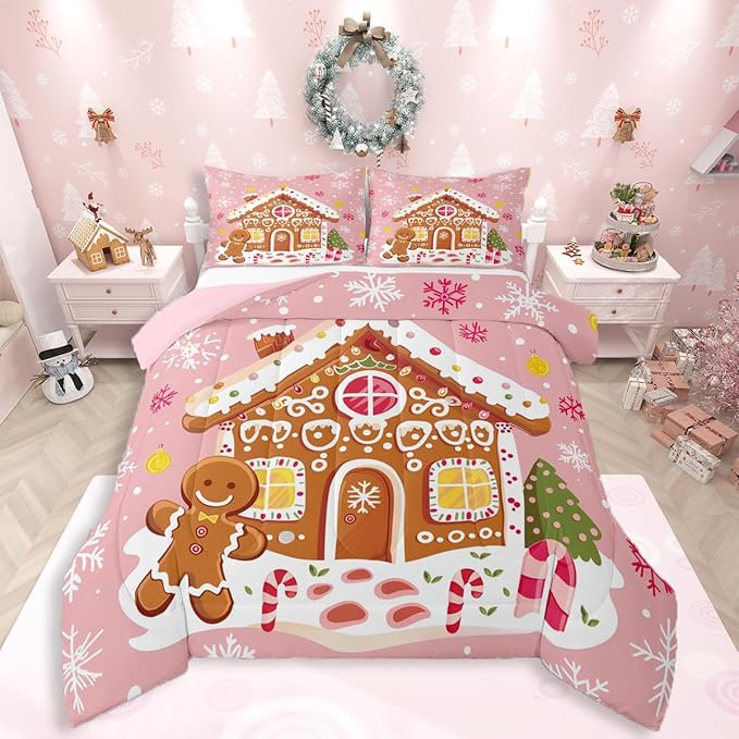 Feelyou Christmas Gingerbread Bedding Set Soft for Boys Girls,Gingerbread House Comforter Set Queen Winter Holiday Decor Duvet Quilt Cute Snowflake Room Decor Pink Decor 3 Pcs with 2 Pillow Cases