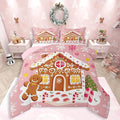 Feelyou Christmas Gingerbread Bedding Set Soft for Boys Girls,Gingerbread House Comforter Set Full Size Winter Holiday Decor Duvet Quilt Cute Snowflake Room Decor Pink Decor 3 Pcs with 2 Pillow Cases