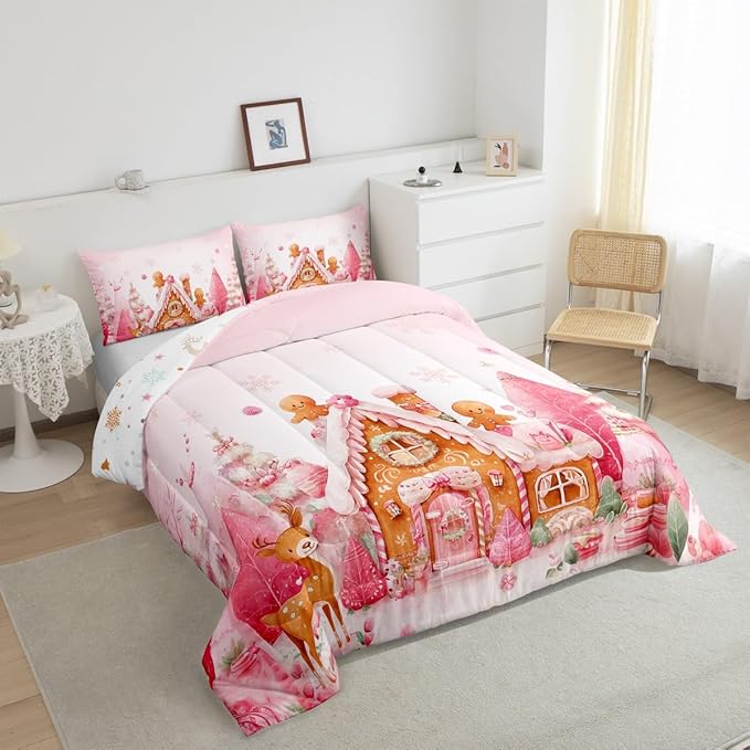 jejeloiu Kids Christmas Theme Comforter Set Toddler Cute Deer Gingerbread Man Bedding Set for Boys Girls Teens Pink Xmas Tree Candy House Snowflake Winter Duvet Quilt Room Decor