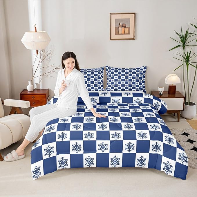 Feelyou Christmas Bedding Set Soft for Boys Girls, Checkered Comforter Set Full Size Snowflake Duvet Quilt Microfiber Xmas Decorations Bedroom Decor Blue 3 Pcs with 2 Pillow Cases