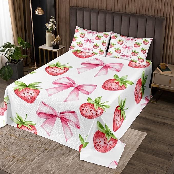 Pink Bowknot Kids Bedspread Twin Size,Strawberry Summer Fruit Cartoon Cute Coverlet Set,Girls Women Room Decor,Bow Tie Butterfly Knot Princess Quilted Coverlet,Unique Bedding Quilt,1 Pillowcase