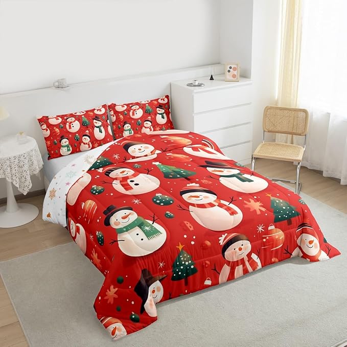 Feelyou Christmas Comforter Set Queen Size Snowman Bedding Set for Kids Boys Girls Snowflake Duvet Quilt New Year Theme Bedroom Decor Microfiber 3 Pcs with 2 Pillow Cases