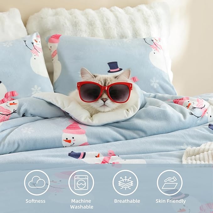 JANZAA Christmas Queen Comforter Set, Blue Flannel Comforter with Snowman Pattern, Soft Cozy Lightweight Bedding Set Fluffy Comforter Set 1 Queen Comforter(90"*90") and 2 Pillowcases (20"*26")