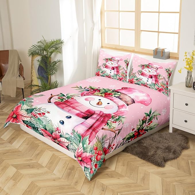 Manfei Xmas Snowman Duvet Cover Set Twin Size, Leaves Flower Snowflake Comforter Cover with 1 Pillowcase, Christmas Pink Bedding Set 2pcs for Kids Boys Girls Lightweight Bedspread Cover,No Comforter