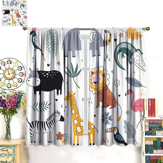 YCness Cartoon Forest Animals Curtains, Woodland Woodland Wild Giraffe Zebra Lion Hippopotamus Window Treatments for Kids Bedroom Living Room Home Nursery Drapes, 63x72 Inch