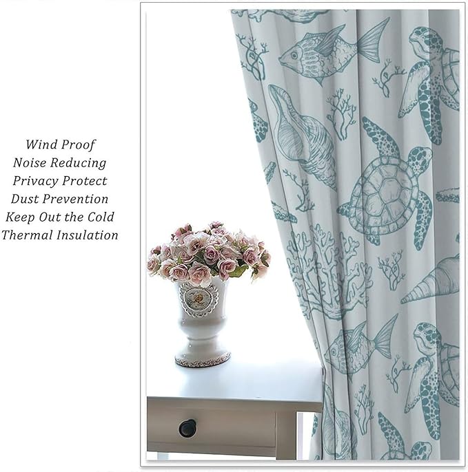 Turtle Starfish Curtains,Coral Starfish Seashell Beach Sea Seashell Theme Pattern Blackout Print Home Bedroom Living Room Window Treatmen 2 Panel Set 63x63 Inch