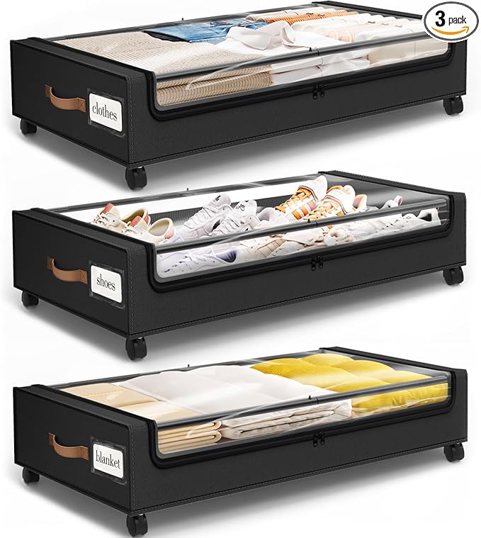 Under Bed Storage with Wheels 3Pack Storage Containers with Clear Window&Label Under Bed Drawers Rolling Under Bed Storage for Clothes,Shoes, Blankets (30.71 x 16.93 x 6.69 in, Black)