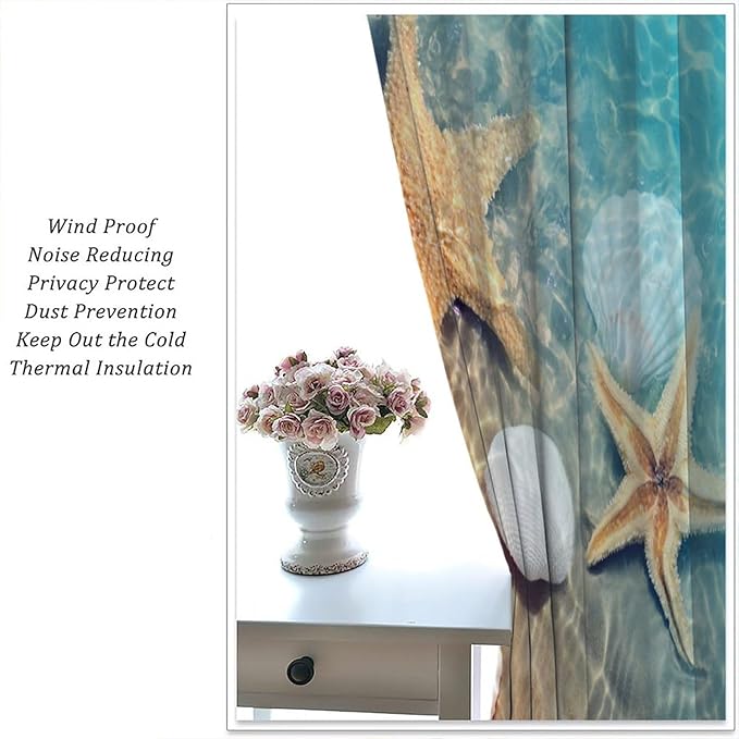 Beach Curtain for Bathroom Decor，Sea Turtle Starfish Seashell Nautical Ocean Coastal Scenery Art Printed Fabric Polyester Waterproof Set 2 Panels,63x63 Inches