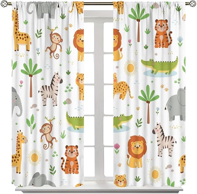 Cartoon Animal Curtains, Safari Woodland Jungle Forest Wildlife Blackout Window Treatments, Rod Pocket Thermal Insulated Drapes 2 Panel Sets for Kids Bedroom Nursery Classroom, 42" W X 45" L