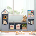 Kids Bookcase with Reading Nook, Bench Kids Bookshelf with 7 Storage Cubbies and 2 Movable Drawers, Multi-Purpose Toy Storage Organizer with Seat Cushion for Playroom, Bedroom, Living Room, Grey