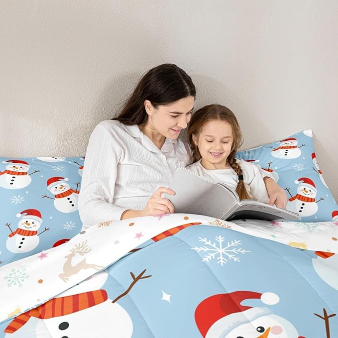 Feelyou Merry Christmas Bedding Set Soft for Boys Girls, Snowman Comforter Set Toddler Size Snowflake Duvet Quilt Microfiber Bedroom Decor 2 Pcs with 1 Pillow Cases