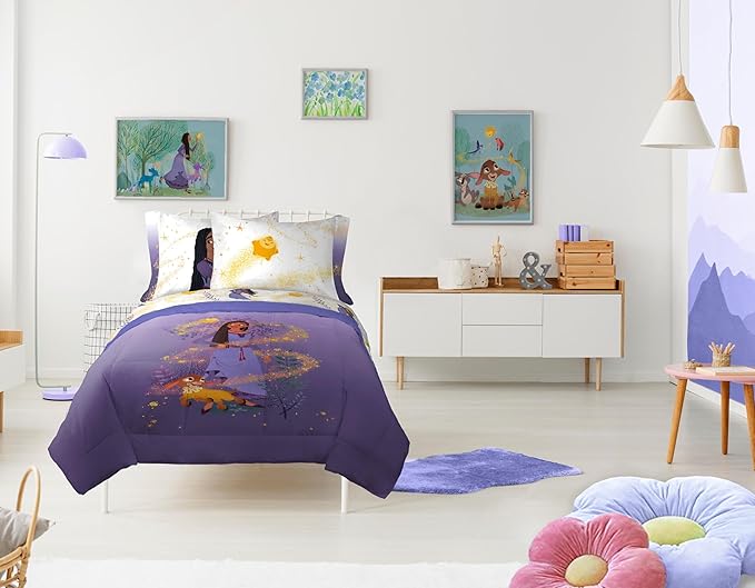 Jay Franco Disney Wish Twin Comforter Set - 5 Piece Bed Set Includes Sheet Set & Pillow Covers - Super Soft Kids Bedding Features Asha, Valentino & Star
