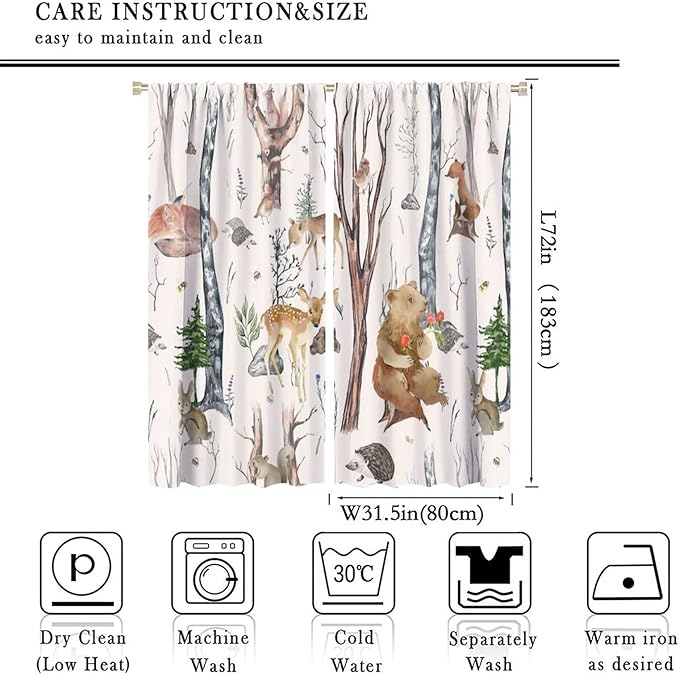 Rustic Forest Window Curtains Curtains, Woodland Animal Bear Deer Hedgehog Fox Squirrel Watercolor Blackout Rod Pocket Treatments Drapes for Boys Girls Bedroom 63x72in