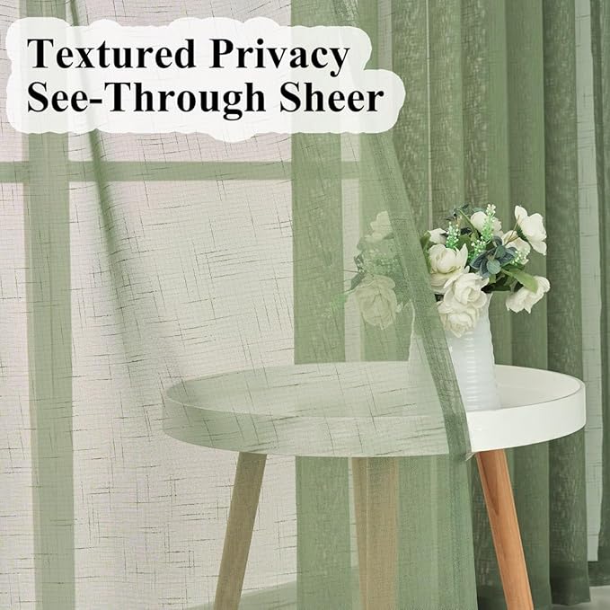 Sage Green Pinch Pleated Sheer Curtains 108 Inches Long, 50 Inches Width, Rustic Linen Look Light Filtering Drapes Decor, Thin Textured Transparent Window Curtain Panels Floor to Ceiling