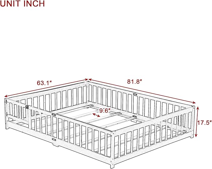 Queen Size Montessori Floor Bed Frame with Convertible Door & Wood Slats for Kids,Wood Montessori Bed with Safety Guardrails for Girls & Boys,Espresso