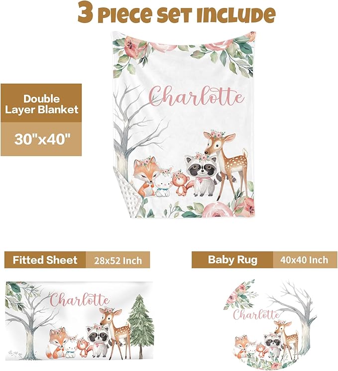 Custom Baby Crib Bedding Set, 3 Pcs Personalized Nursery Bedding Set with Name, Soft Baby Bedding Crib Sets with Blanket - Toddler Crib Sets for Girls Boys, Newborn Gifts, Pink Forest Animals