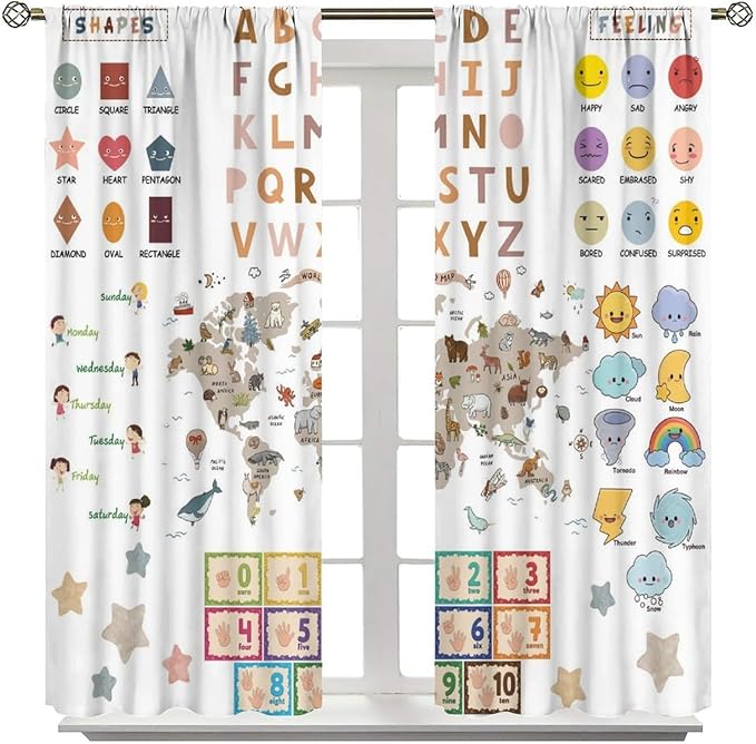 Kids Educational Curtain,Pastel ABC Alphabet Continents Map Numbers Shapes Weather Learning Tools Boy Girl Nursery Rod Pocket Blackout Window Treatments for Bedroom Living Room 84" W X 84" L