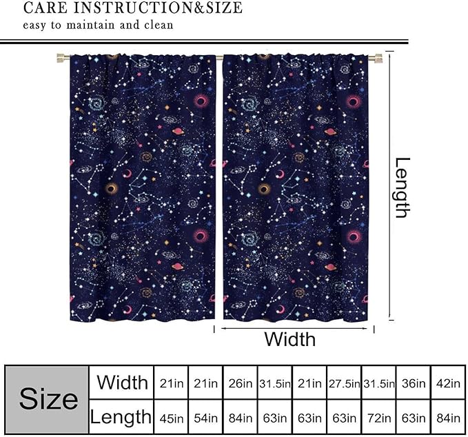 Kids Galaxy Curtains, Fantasy Stars Outer Space Universe Planets Print Window Treatments for Boys Girls Bedroom Nursery Playroom 55" W X 63" L