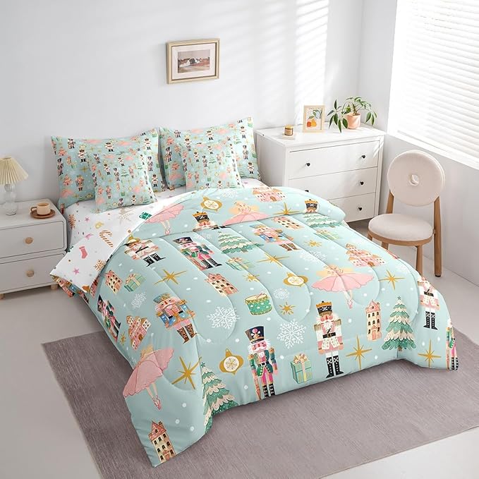 Erosebridal 7Pcs Green Christmas Comforter Set King,Xmas Tree Nutcracker Bedding Set,Pink Princess Bed in A Bag for Girls Women,Winter Xmas Holiday Christmas Ornaments Quilt with Flat Fitted Sheet