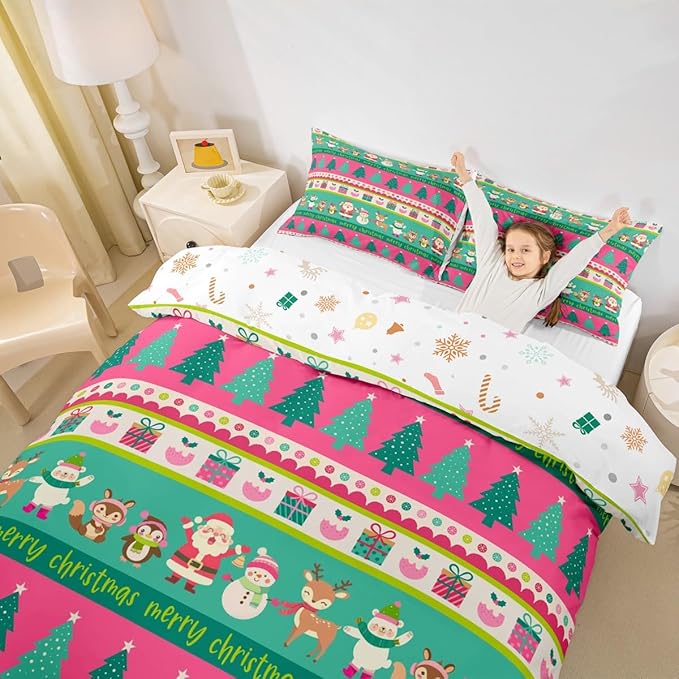 Christmas Bedding Set Cute Snowman Santa Claus Deer Comforter Cover for Kids Christmas Tree Xmas Theme Duvet Cover Breathable Pink Geometric Stripes Bedspread Cover Room Decor Quilt Cover Twin Size