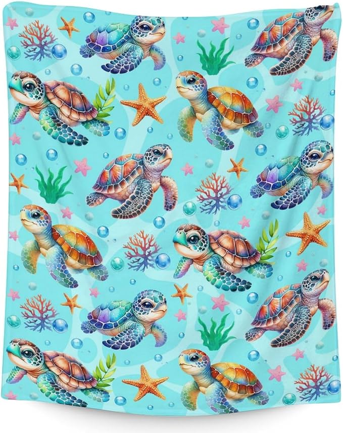 Turtle Stuff for Girls - 30" x 40" Inches Sea Turtle Throw Blanket for Kids - Green Warm Lightweight Blankets for Sofa, Lap & Office