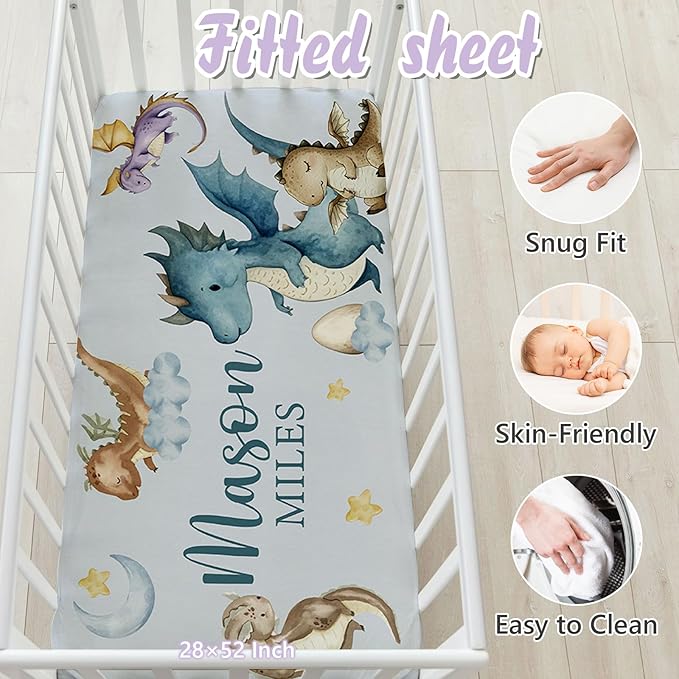 Personalized Baby Crib Bedding Set, 5 Pcs Custom Name Nursery Bedding Set for Girls Boys, Dinosaur Baby Crib Set for Toddlers Infants, Double Layer Bedding Crib Sets Customized Gifts