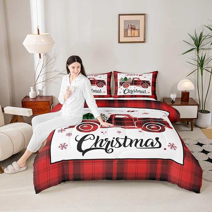 Manfei Xmas Truck Comforter Set Twin Size, Christmas Tree Snowflake Print Bedding Set 2pcs for Kids Boys Girls Bedroom Decor, New Year Theme Red Plaid Print Quilt Set with 1 Pillowcase