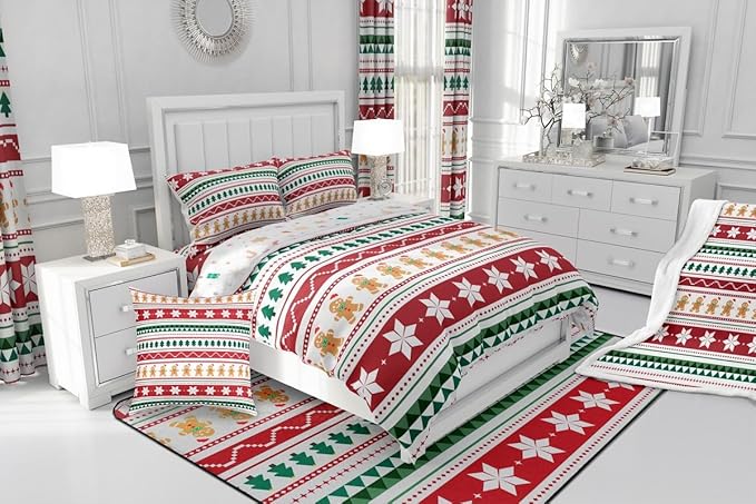 Feelyou Merry Christmas Bedding Set Soft for Boys Girls, Gingerbread Man Comforter Set Queen Size Duvet Quilt Microfiber Striped Bedroom Decor 3 Pcs with 2 Pillow Cases