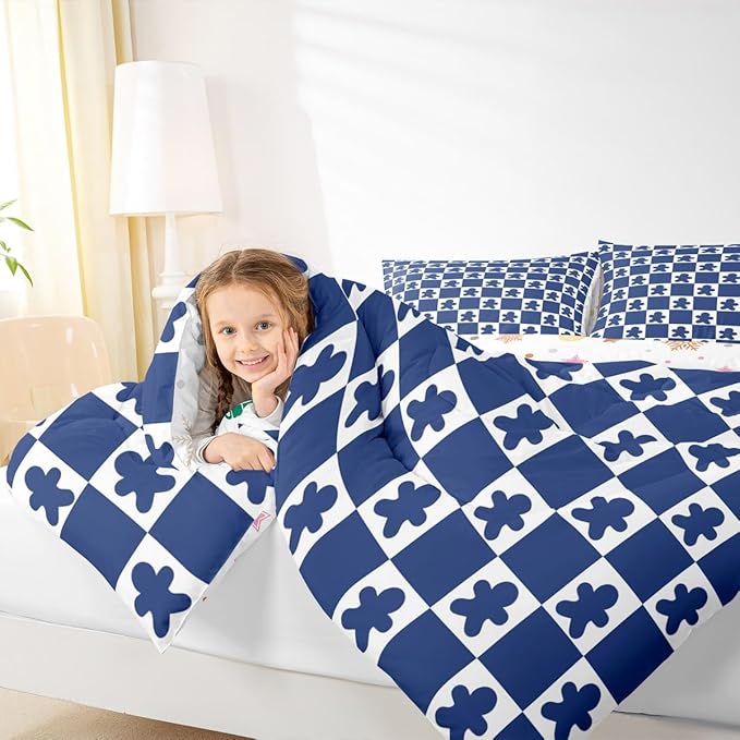 Feelyou Christmas Kids Comforter Set Toddler Size Checkered Bedding Set Gingerbread Man Duvet Quilt for Kids Boys Girls Bedroom Xmas Decorations Decor Blue Microfiber Ultra Soft Breathable