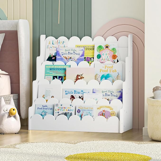 4 Tier Scalloped Kids Bookshelf Natural Wood Toddler Book Rack Nursery Bookcase Playroom Coloring Book Magazine Display Storage Shelf Organizer Classroom Library Homeschooling (White)