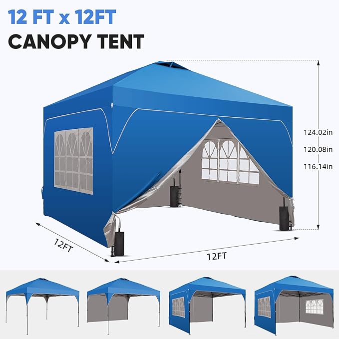 GDY 12x12FT Pop Up Canopy Tent with One Push Setup, Easy to Install with 4-Sidewalls for Events, Parties, Camping, Outdoor Gazebo with 4-Sandbags, Blue.
