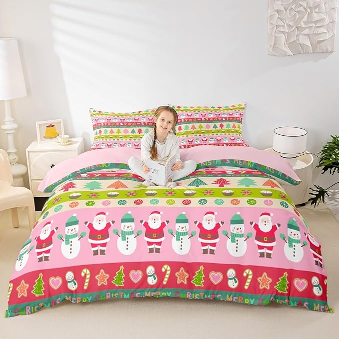 Cartoon Christmas Bedding Set for Kids Boys Girls Santa Claus Snowman Comforter Cover Set Pink Xmas Theme Duvet Cover Bedroom Decor Christmas Tree Bedspread Cover Queen Size Bedding Collection 3Pcs
