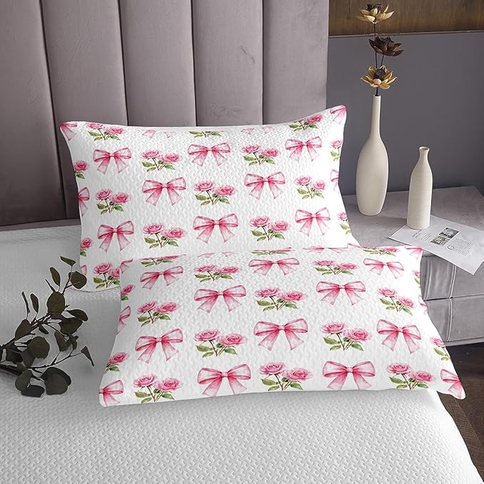 Pink Bowknot Kids Bedspread Queen Size,Rose Flowers Valentine's Day Romantic Coverlet Set,Girls Women Room Decor,Pink Bow Tie Knot Princess Quilted Coverlet,Dreamy Bedding Quilt,2 Pillowcases