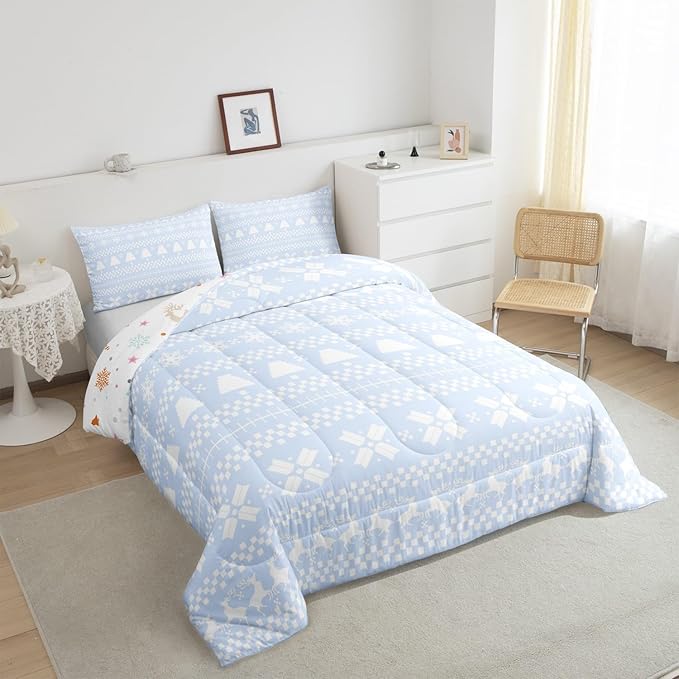 Feelyou Christmas Bedding Set for Kids Boys Girls Twin Size Xmas Deer Decor Comforter Set Ultra Soft Xmas Snowflake Comforter Winter Duvet Quilt Bedroom Decor Christmas Decorations Quilt