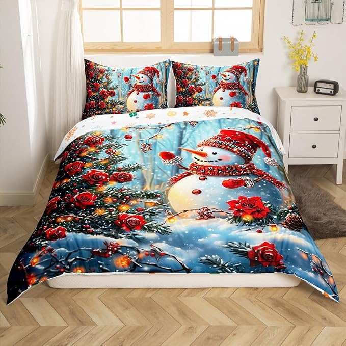 Manfei Christmas Kids Duvet Cover Set Queen Size, Cute Snowman Xmas Bedding Set for Boy Girls Room Decor, Red Flower New Year Comforter Cover, Lightweight Bedspread Cover, 2 Pillowcases, No Comforter