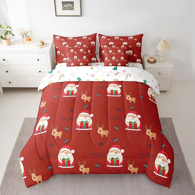 Santa Claus Bed Set Christmas Deer Bed in a Bag for Kids Boys Girls Winter Snowflake Comforter Set with Sheets Merry Christmas Khaki Red Bedding Set Bedroom Collection Queen Size