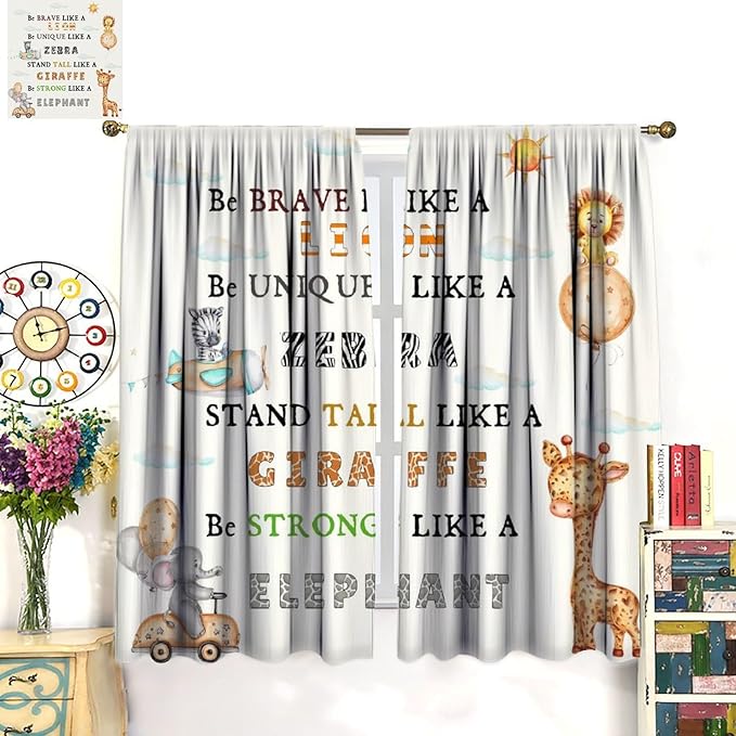 Cartoon Animals Curtains, Cute Jungle Animal Zebra Elephant Lion Giraffe Blackout Window Treatments, Rod Pocket Thermal Insulated Drapes 2 Panel Sets for Kids Bedroom Nursery Classroom, 63"W X 63"L