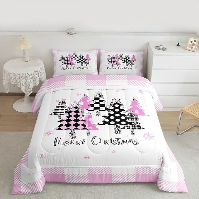 Manfei Xmas Trees Comforter Set Queen Size, Pink Plaid Grid Snowflake Down Comforter with 2 Pillowcases, Christmas Theme Bedding Set 3pcs for Kids Girls Adults Room Decor New Year Duvet Insert